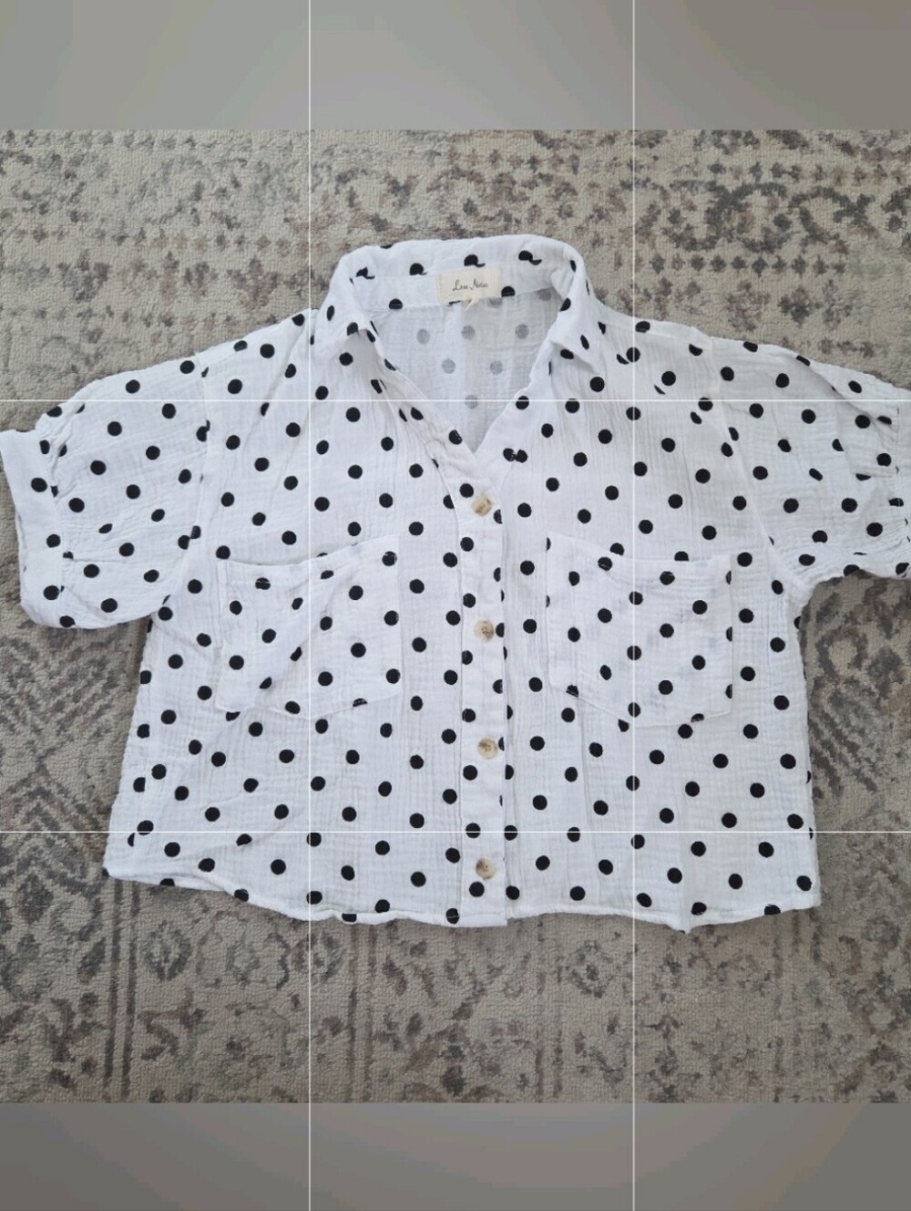 LOVE NOTES Crop Top Button Front Short Sleeve Polka Dots Women’s Shirt Sz S EUC